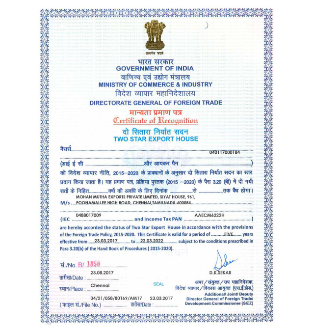 Mohan Mutha Exports awarded “Two Star Export House” by the Government of India