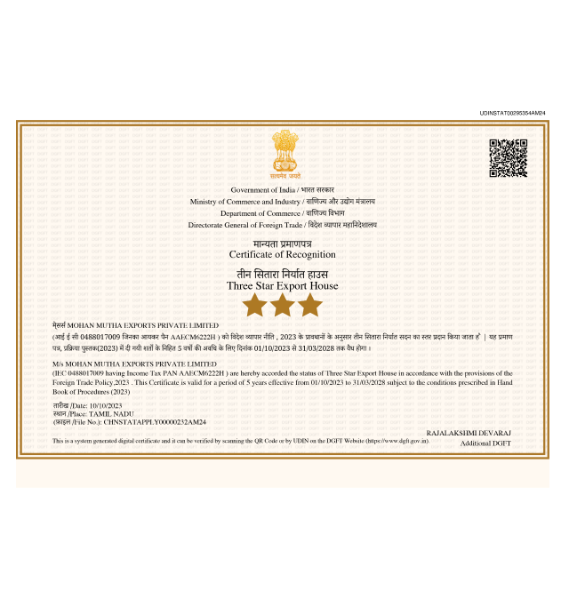 Mohan Mutha Exports awarded “Three Star Export House” by the Government of India